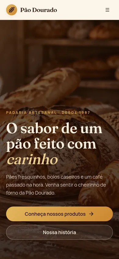 Versão para celular do site demonstrativo Pão Dourado